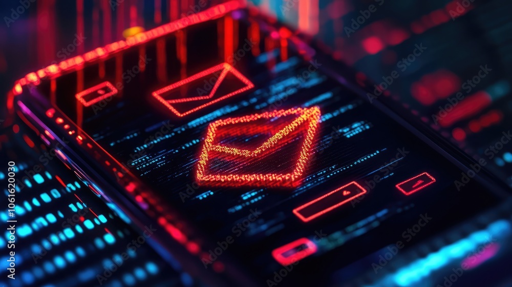 Poster a close-up of a phone screen with a glowing red email icon, representing digital communication and o