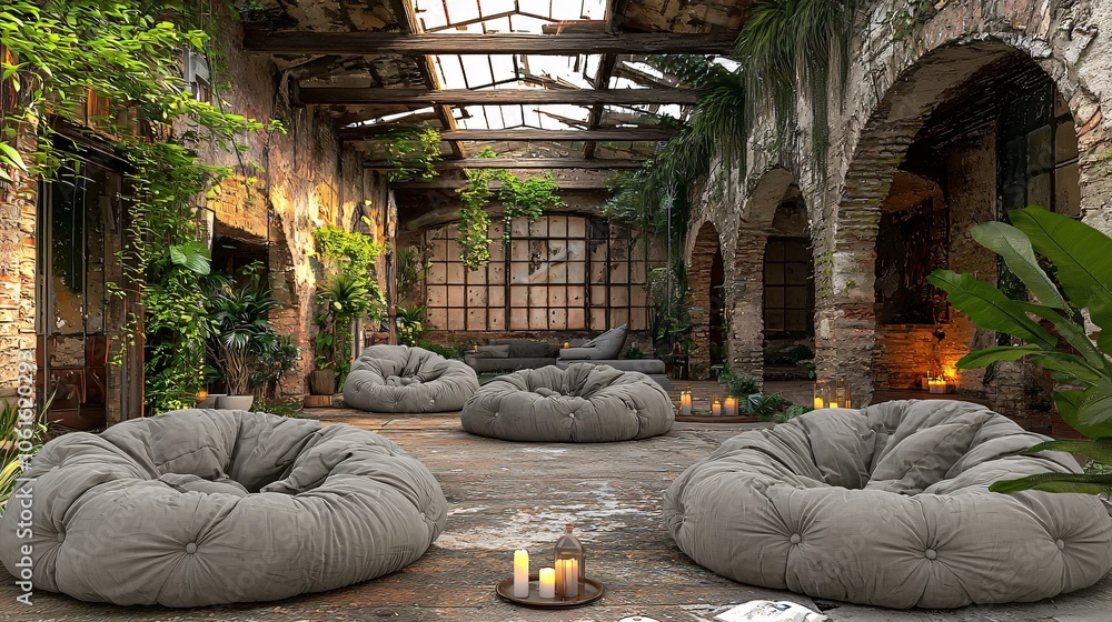Poster create a serene wellness and meditation space with cozy seating and natural elements