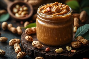 Smooth Peanut Butter Jar Surrounded By Fresh Peanuts