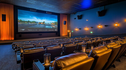 Luxurious cinema interior featuring plush seating, large screen, and ambient lighting. inviting atmosphere enhances movie watching experience
