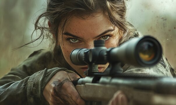 Woman aiming a sniper rifle.