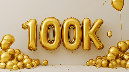 Celebratory 100k follower golden, festive balloon number celebration social, milestone media subscriber congratulation follow, anniversary celebratory joyful, community grateful triumphant