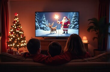 A family watches a Christmas movie featuring Santa and a reindeer under a snowy night sky, creating a cozy holiday atmosphere with a decorated Christmas tree and warm lights