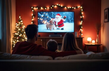 A family gathers on Christmas night, watching a festive movie with Santa and a dog on TV, surrounded by holiday lights, a Christmas tree, and a cozy seasonal atmosphere
