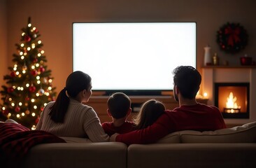 A family relaxes together on Christmas night, watching TV with a blank screen that provides space for customizable text, surrounded by a Christmas tree, fireplace, and cozy holiday decorations.