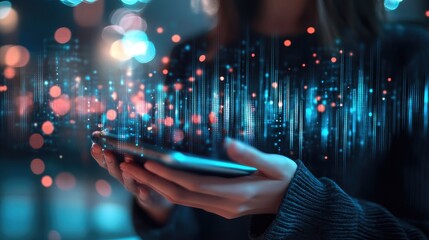 A woman's hands hold a phone, illuminated by a digital data stream of blue lines and red dots. The phone screen is not visible.