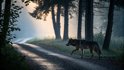 lone wolf walking along a forest path at dusk