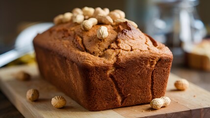 Peanut butter loaf bread with peanuts on golden-brown crust on wooden board