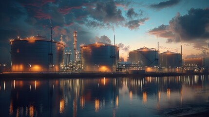 Fototapeta premium Illuminated oil refinery with towering steel tanks pipes and chimneys reflecting on the calm surface of a lake at dramatic sunset
