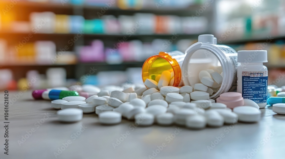 Poster white pills spill out of an overturned bottle, creating a visual representation of the widespread us