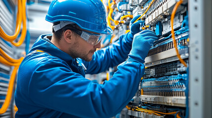 technician in blue uniform and helmet works on network equipment, ensuring proper connections and functionality. environment is filled with cables and technology, showcasing high tech workspace