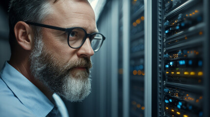 Engineer analyzing server performance in data center, focused on network service mesh implementation. environment is high tech and professional