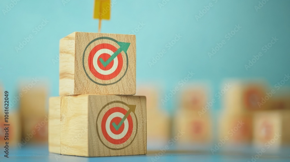 Poster two wooden blocks stacked on top of each other, both with a target graphic on them. the target graph