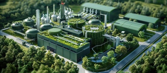 Aerial view of a meticulously detailed model or miniature of a sustainable and eco friendly industrial plant complex featuring renewable energy facilities energy efficient manufacturing processes
