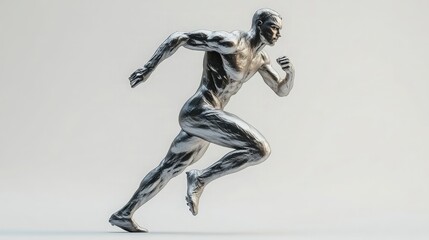 A silver statue of a male athlete, running, with a determined expression. The statue is set against a plain white background, showcasing the detail of its muscles and form.