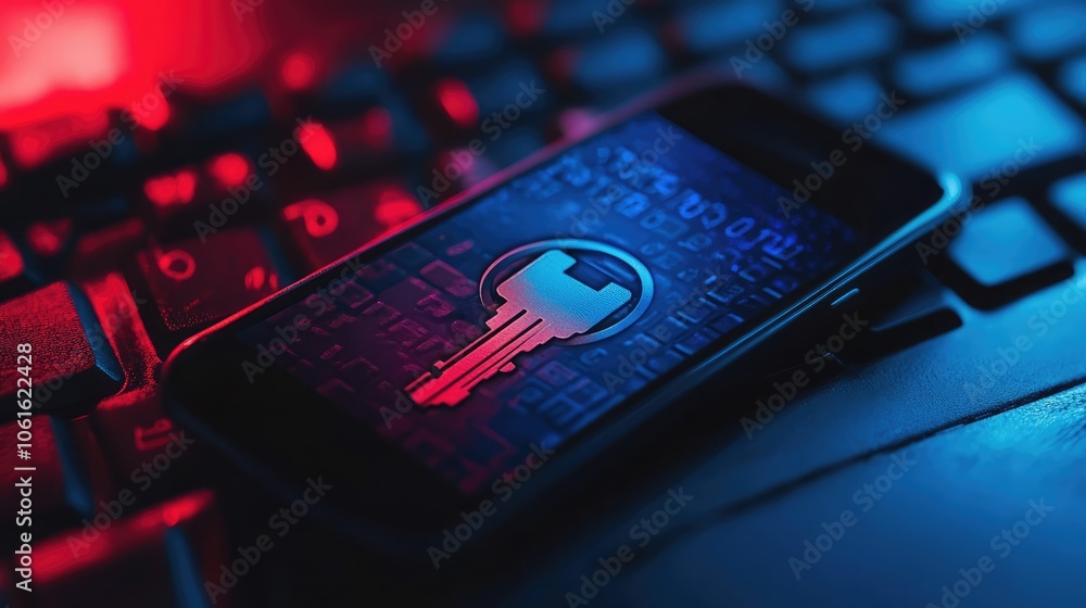 Poster a close-up shot of a smartphone with a key icon on the screen, resting on a keyboard. the screen is 