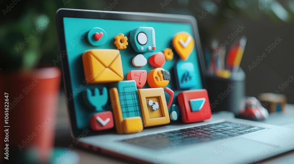 Poster a laptop computer with colorful 3d icons on the screen, representing a variety of apps and functions