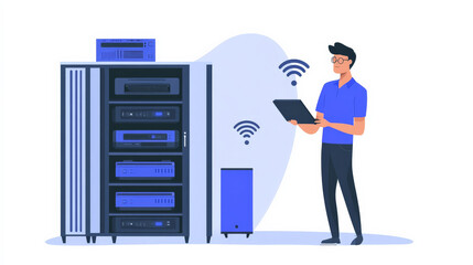 network engineer configuring wireless controller in server room, showcasing technology and connectivity