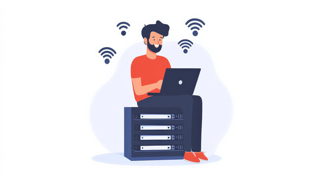 Network engineer working on laptop, deploying SD WAN solutions, surrounded by wireless signals. scene captures modern tech environment with focus on connectivity
