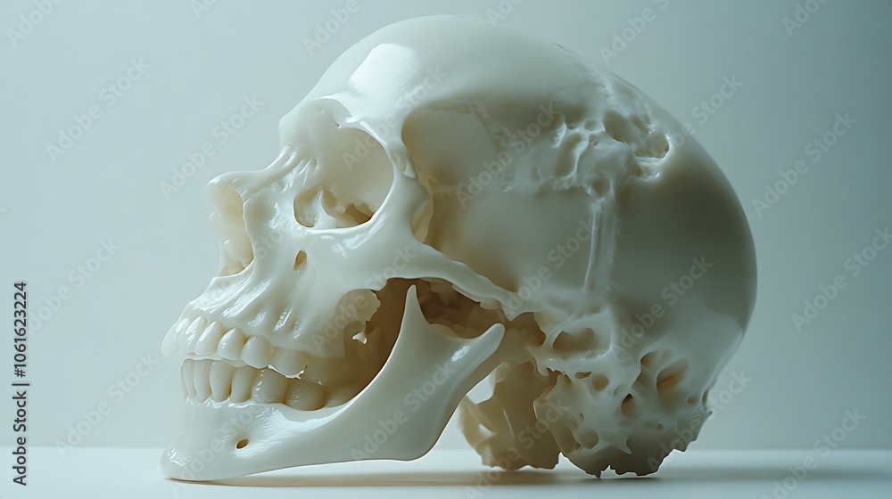 Poster a translucent skull displayed in profile, emphasizing anatomical features and structure.