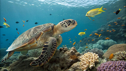 Fototapeta premium sea turtle swimming near a coral reef with colorful fish around
