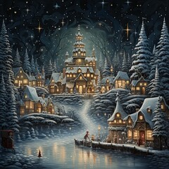 Snow-covered houses standing along the river. Fairytale Village Covered in Snow at Night