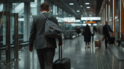 Fototapeta premium A man in a suit walks through a modern airport terminal, epitomizing the energy and motion of travel and business journeys.