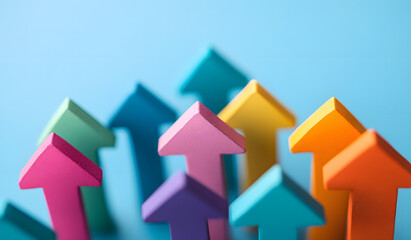 Colorful arrows pointing in different directions on a blue background, symbolizing market growth and technological innovation for a business  