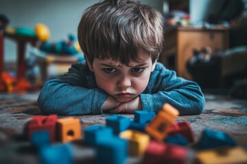 A young boy watches colorful building blocks with a serious expression. The room is filled with toys and an atmosphere of contemplation. Playtime meets frustration. Generative AI