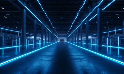 Fototapeta premium Blue neon lights illuminate a long, empty warehouse.