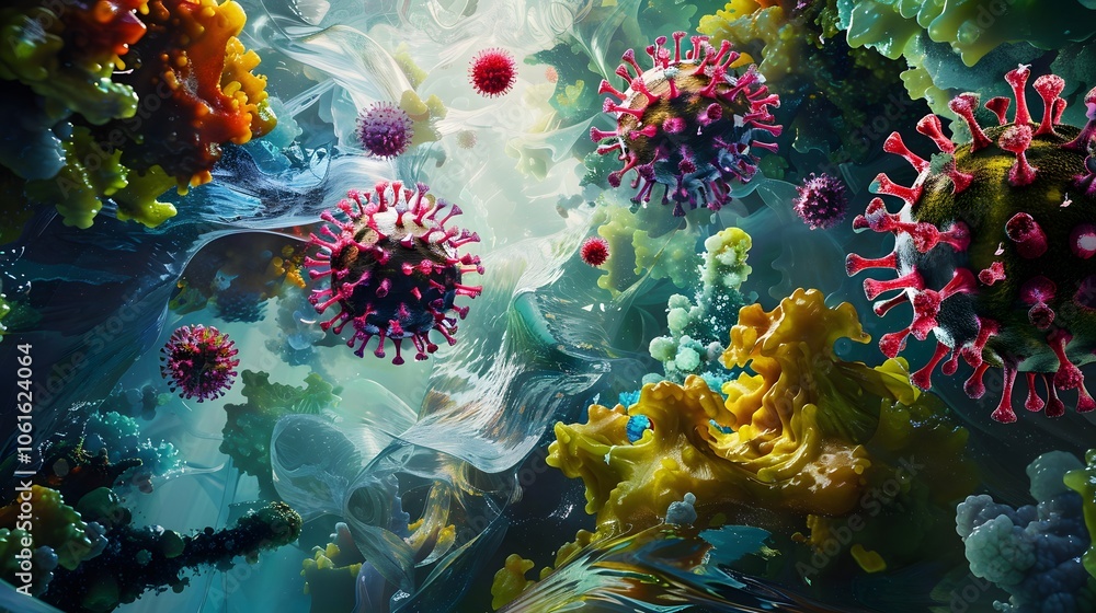 Poster microscopic viral structures and molecular patterns in vibrant fluid composition