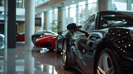 A sleek automobile showroom with luxury sports cars elegantly displayed on polished floors,...