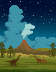 Prehistoric landscape with forest, erupting volcano, smoke clouds, trees and dark night sky with stars. Cartoon vector illustration with silhouette of dinosaurs on the Jurassic period.