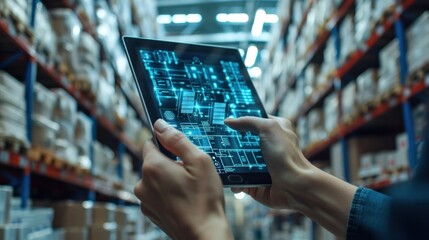 Hands holding a digital tablet displaying a real time warehouse data analytics dashboard in a busy storage and distribution facility  The dashboard shows various data visualizations statistics