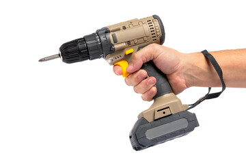 Electric screwdriver in hand on a white background. Isolate.