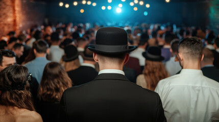 A crowd at a 1920s speakeasy, A stylish crowd at an event, with a focus on a person in a hat, creating an atmosphere of elegance and anticipation.