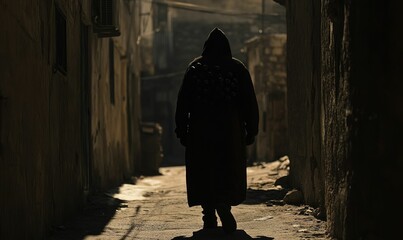 Hooded figure walks through dark alley.