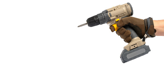 Cordless drill in hand isolated on white background with copy space.