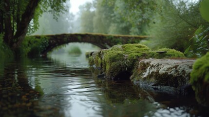 A rustic bridge covered in lush moss arches over a gently flowing stream in a secluded, misty woodland paradise.