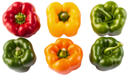 Vibrant bell pepper paprika, colorful set collection yellow top view, fresh isolated green red food, organic nutritious wholesome, flavorful garden fresh succulent