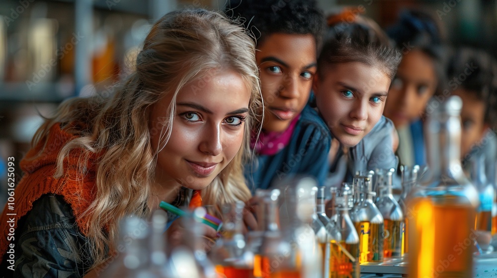 Poster a group of young students engaged in a science experiment with colorful liquids in beakers.