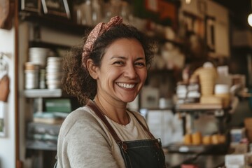 A joyful young woman smiles behind a coffee counter. Her warm demeanor reflects passion for service and connection. Enjoy this vibrant cafe atmosphere. Generative AI.