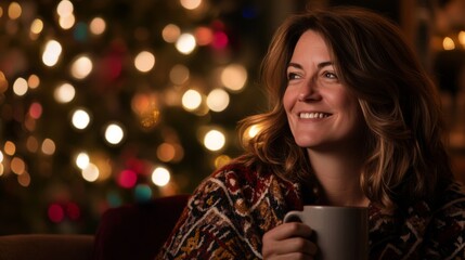 Cozy Indoor Holiday Scene with Smiling Woman in Patterned Shawl Holding a Mug by Softly Lit Christmas Tree