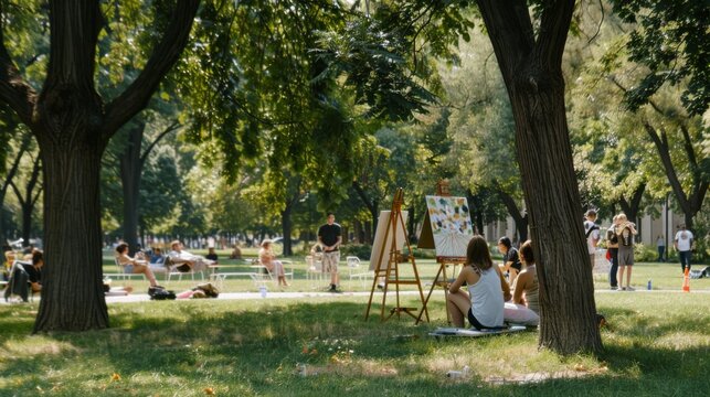 A peaceful park alive with art, people engaging in creativity and leisure under a sun-dappled canopy of trees.