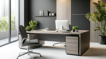 Fototapeta premium Contemporary office desk with sleek decor, a computer, and small succulents. The organized layout and minimal decor emphasize productivity. -