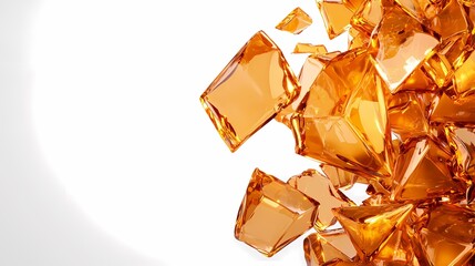 The image shows a cluster of amber-colored, faceted, geometric shapes against a white background.  The shapes are arranged in a random, chaotic fashion, creating a visually interesting abstract patte