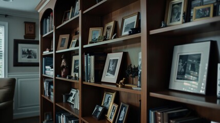 A cozy library corner with wooden shelves lined with framed vintage photographs and books, evoking nostalgia and tranquility.