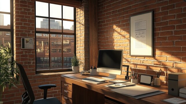 Desk area in an industrial loft office, featuring a sleek desktop, notebook, and small decor. Exposed brick walls and beams complete the look.