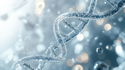 Detailed DNA Strand Illustration with Water Droplets on White Backdrop, Decorative Glass Spheres Highlighting Molecular Structure