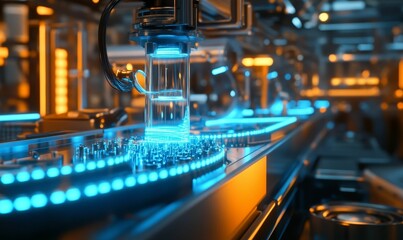 Fototapeta premium Automated factory with blue glowing liquid.